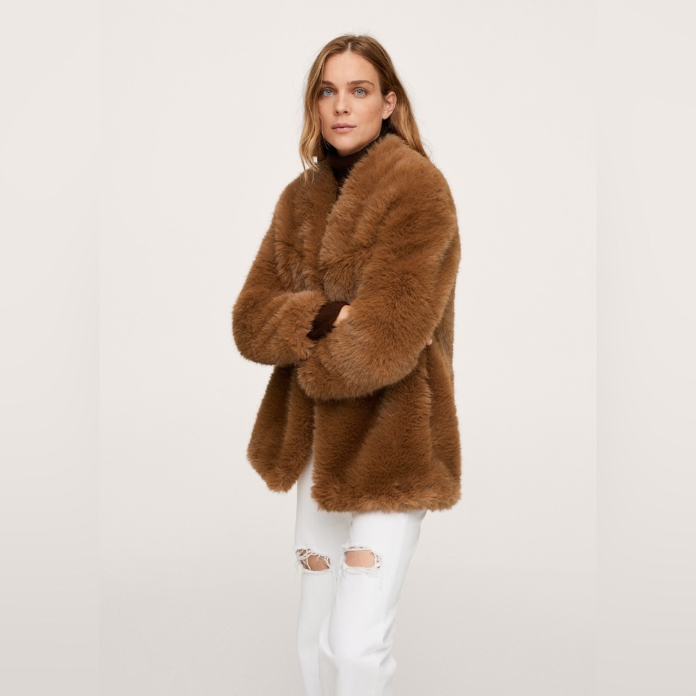 Mango MNG Oversized Brown Faux Fur Jacket Coat - Picture 4 of 10